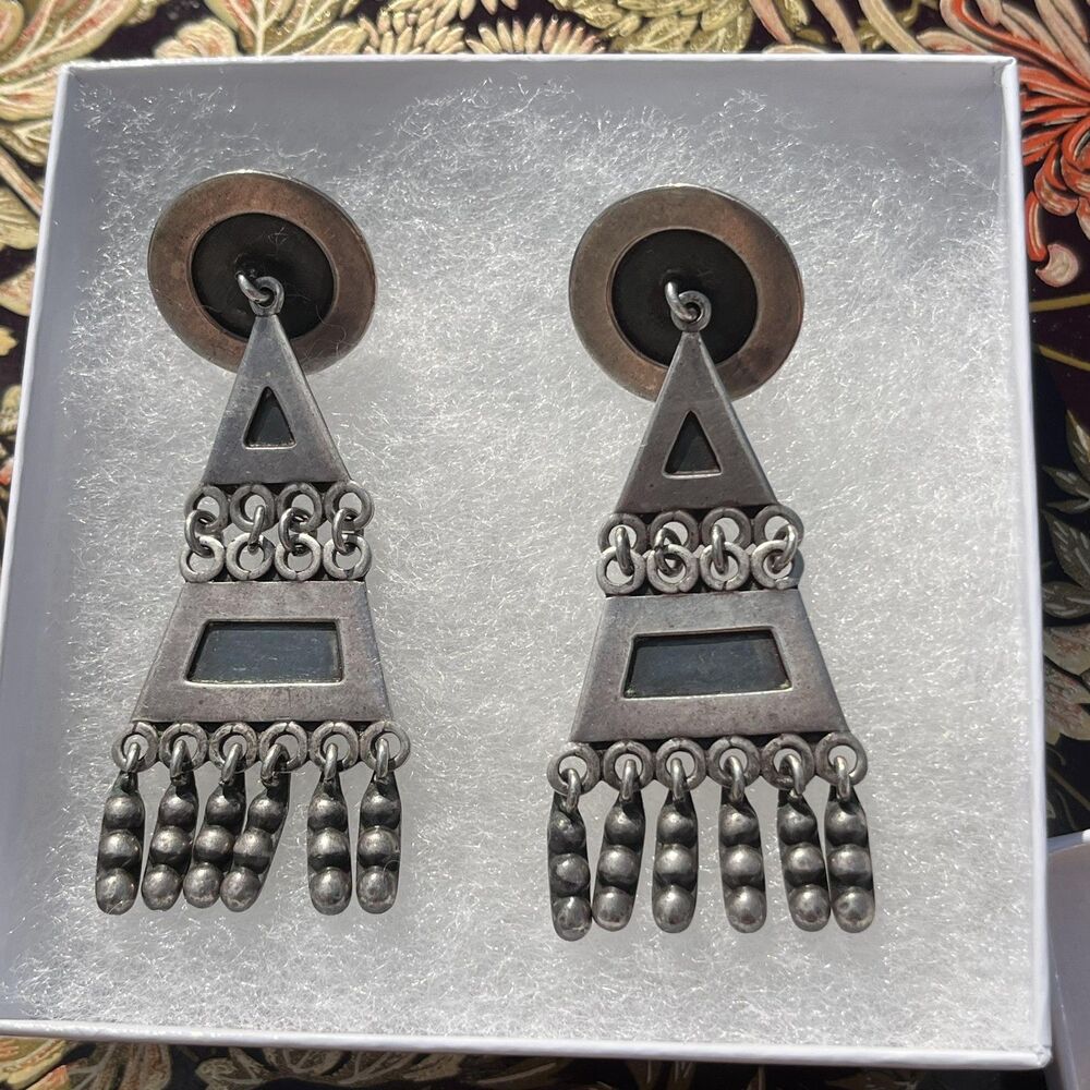 Vintage Taxco Sterling Silver Black Inlay Chandelier Dangle Earrings Screw Back